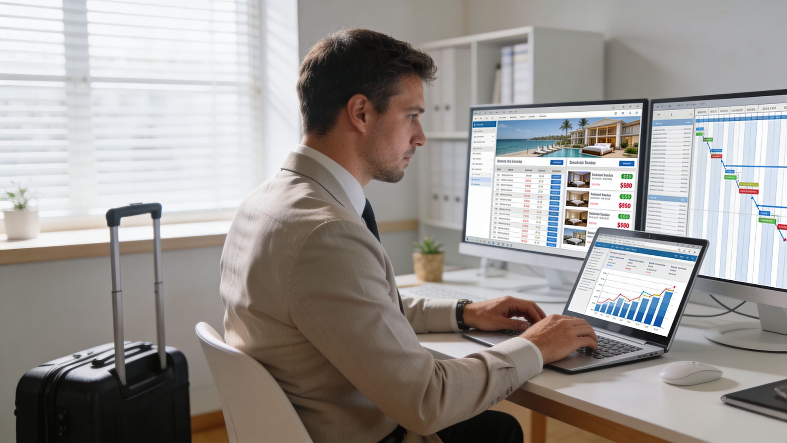 A professional man in a business suit reviewing hotel booking data and analytics on his computer workspace.