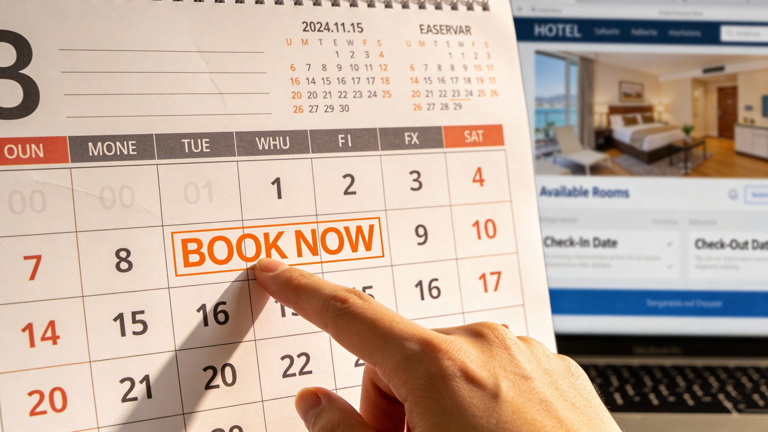 A hand pointing to a Book Now sign on a paper calendar for hotel booking purposes.