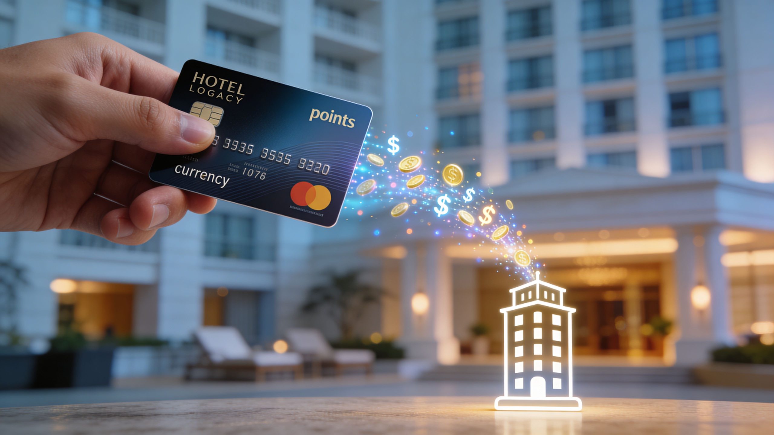 A hand holding a luxury credit card transferring digital points into a hotel building icon for savings.