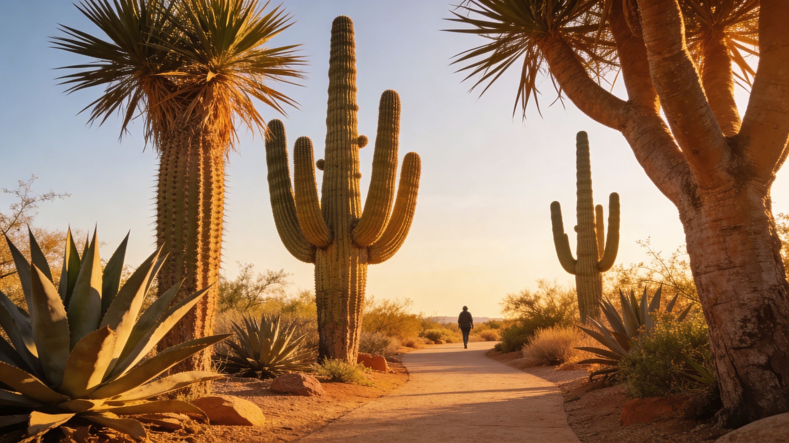 A person walking down a desert trail surrounded by saguaro cacti and agave plants at sunset.
