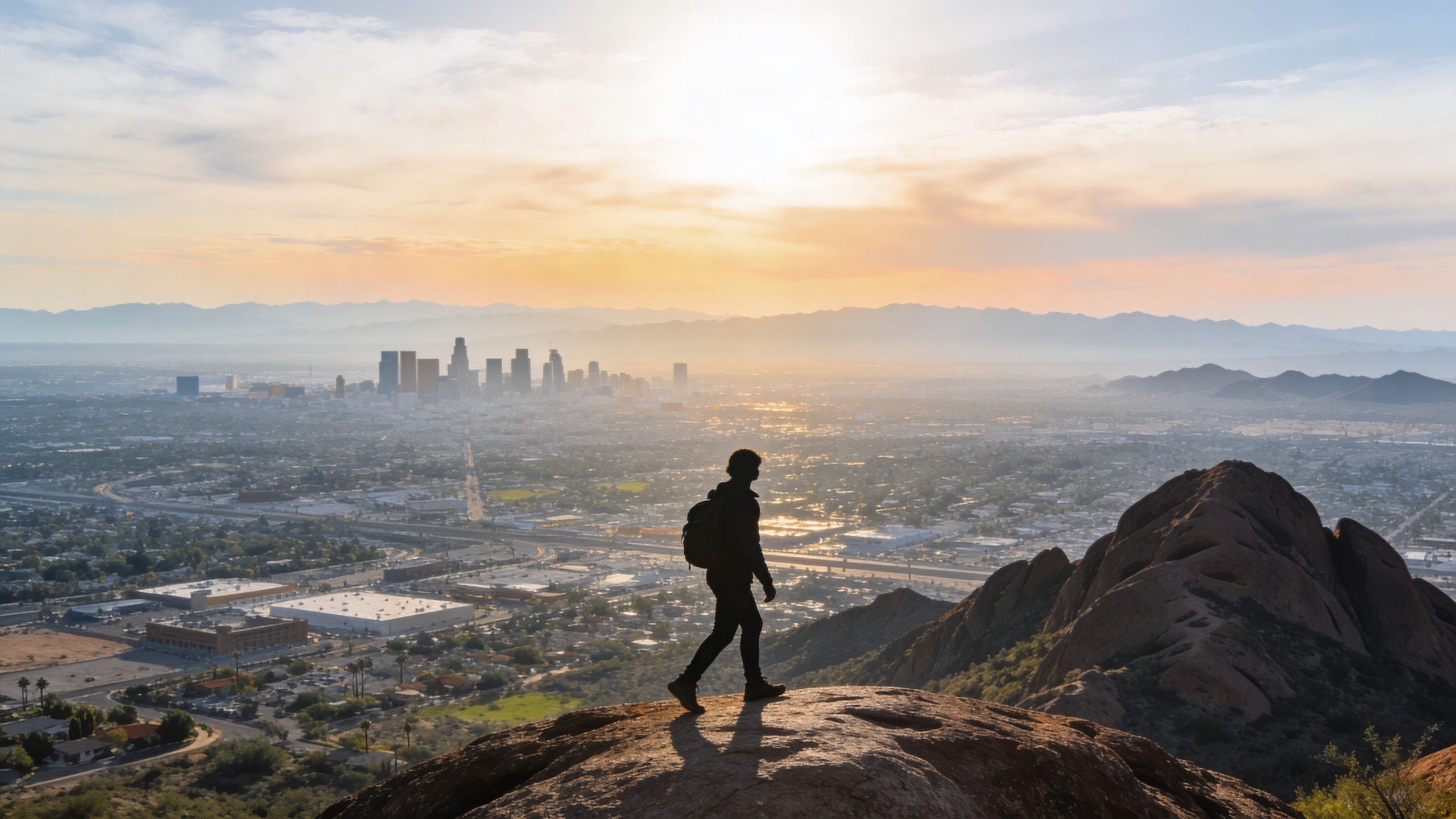 A hiker silhouetted against the bright sunset overlooking the sprawling Phoenix cityscape from a rocky mountain peak.