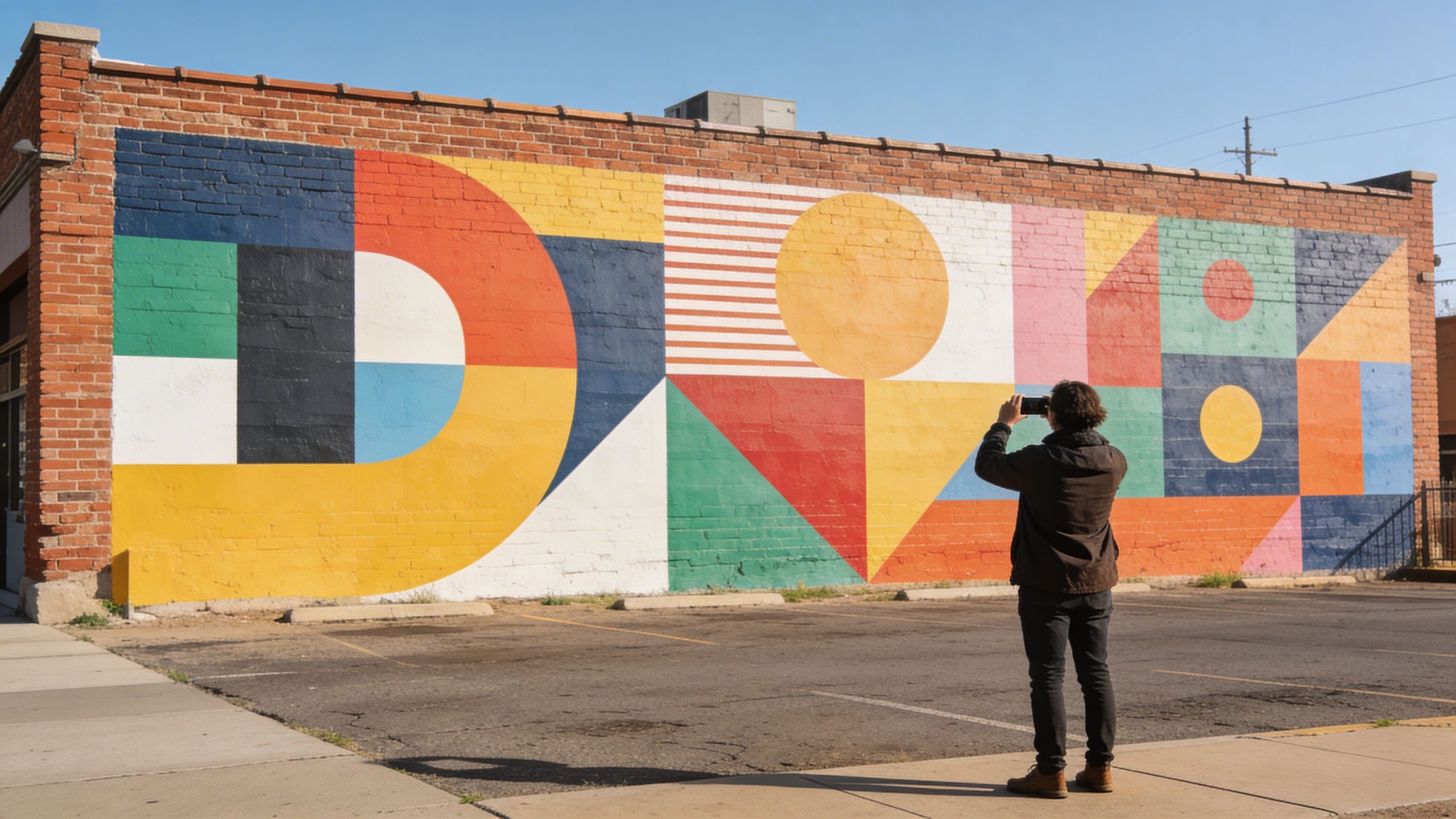 A person taking a photo of a large, colorful geometric mural painted on an urban brick wall.
