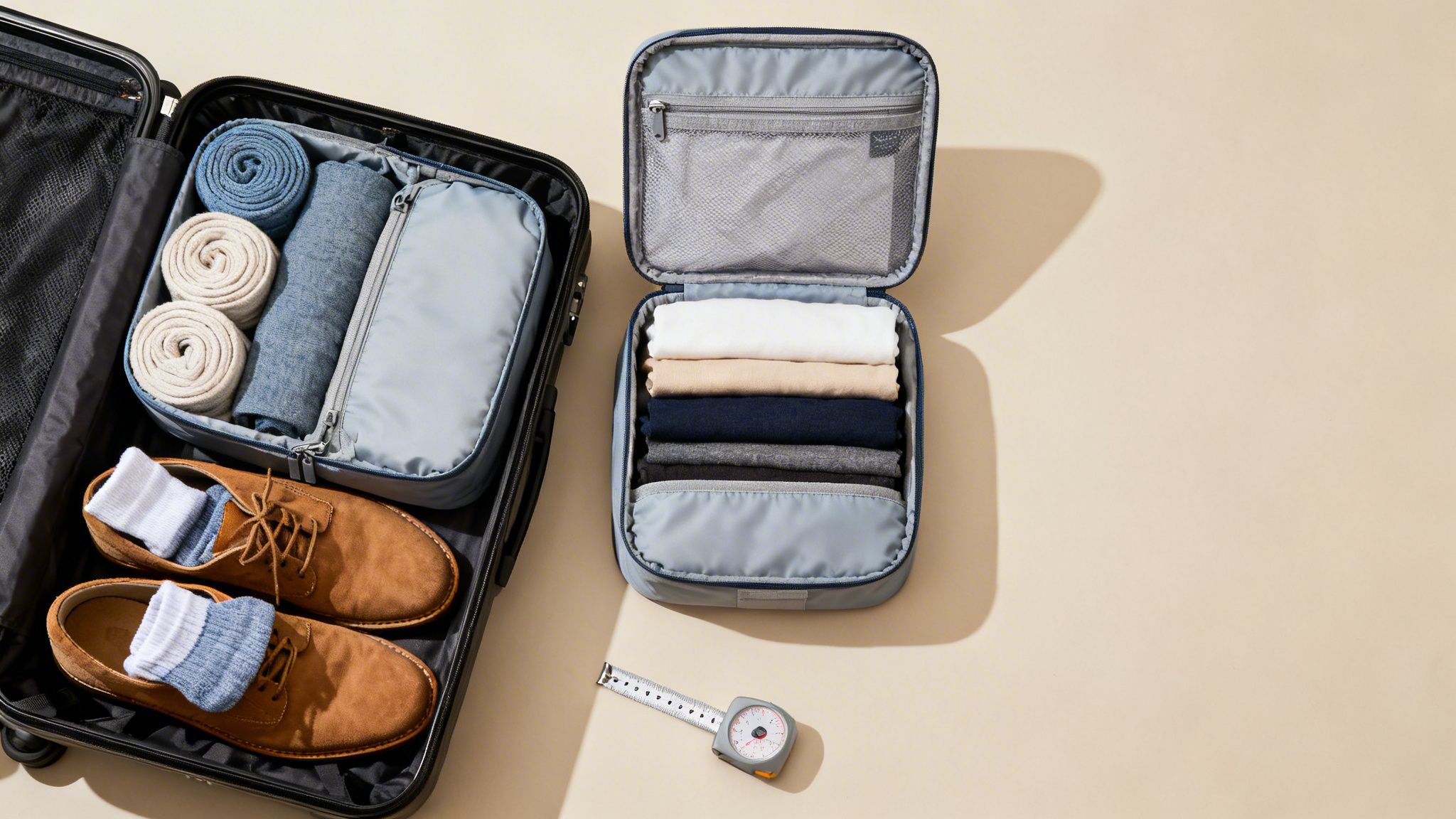 Overhead view of a neatly packed suitcase with travel cubes, shoes, and folded clothes.