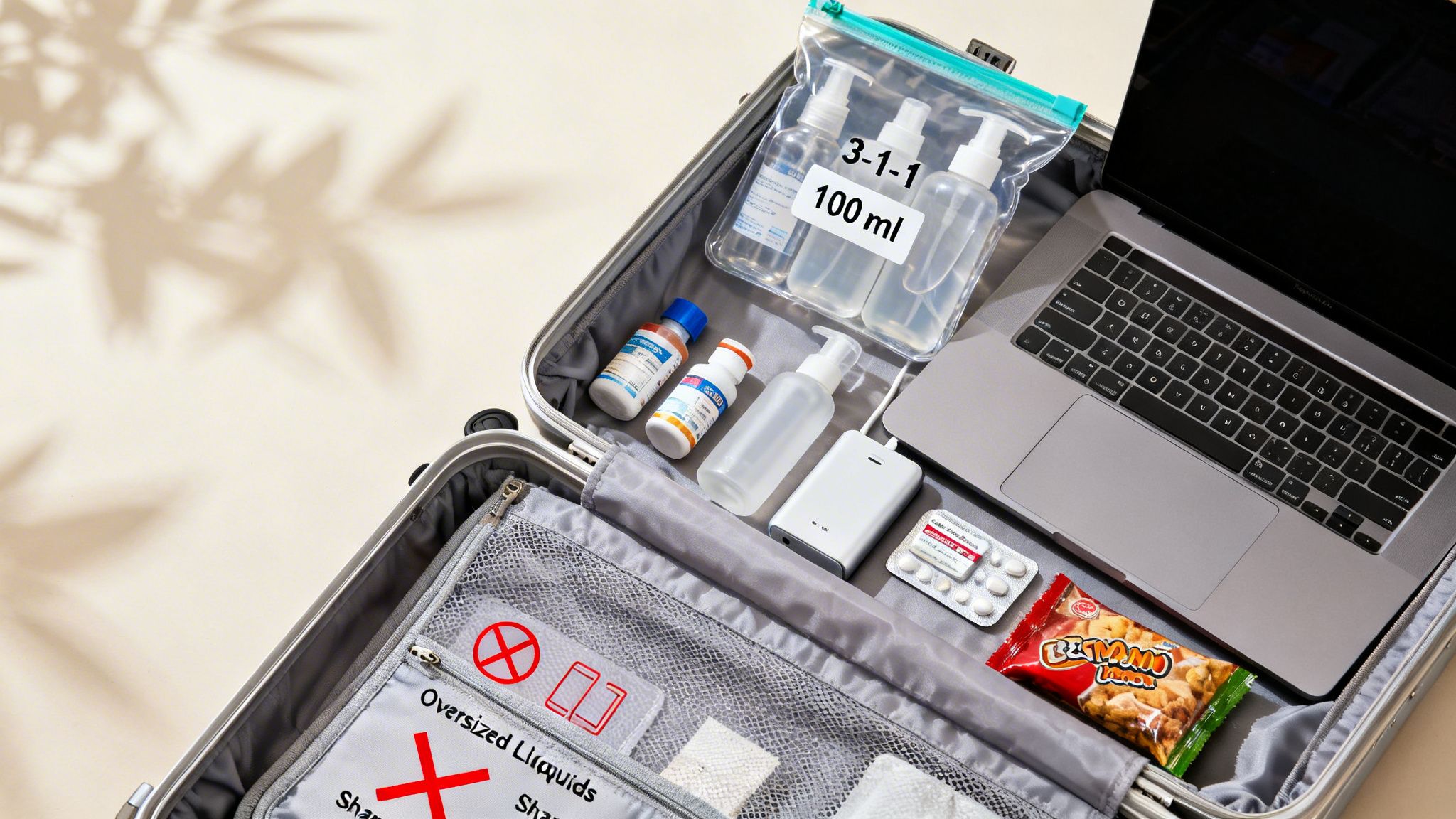 An open international carry-on suitcase packed with travel essentials, including liquids, a laptop, and snacks.