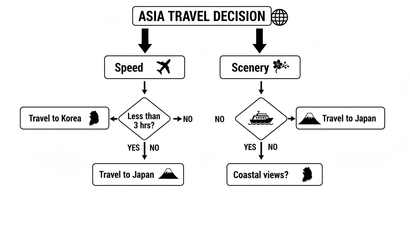 Flowchart for Asia travel decisions, guiding choices between Korea and Japan based on travel speed or scenery.