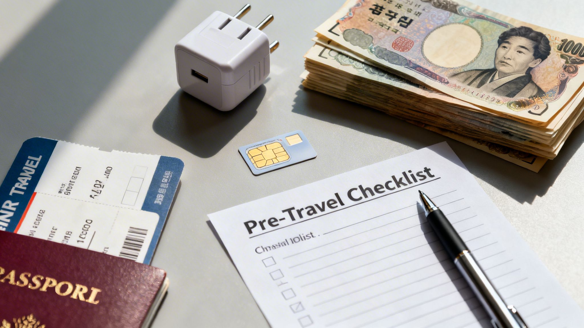 Flat lay of travel essentials: passport, tickets, Japanese Yen, travel adapter, SIM card, and a checklist.