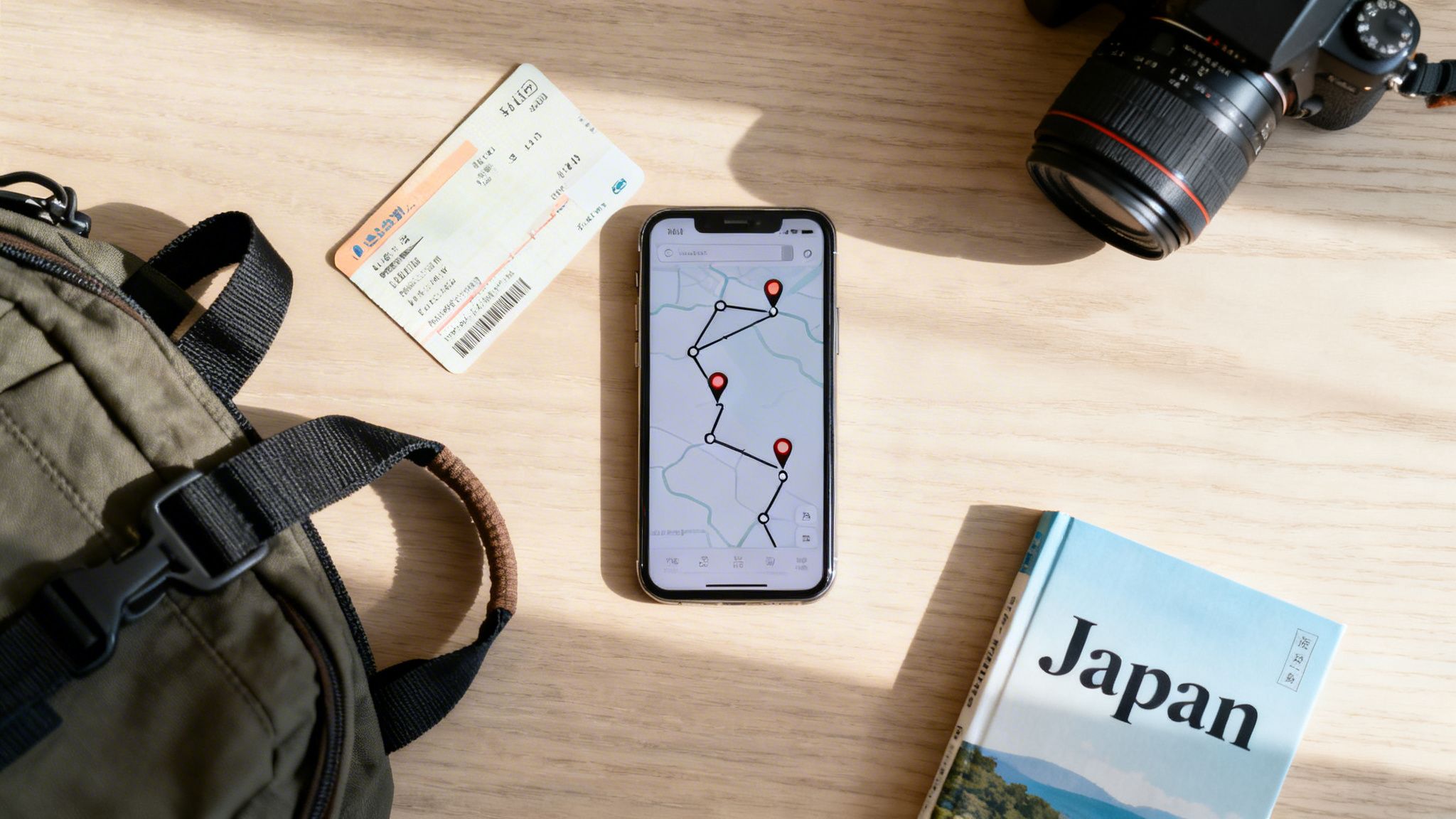 Overhead view of travel essentials: a smartphone with a map, camera, Japan guide, and boarding pass.