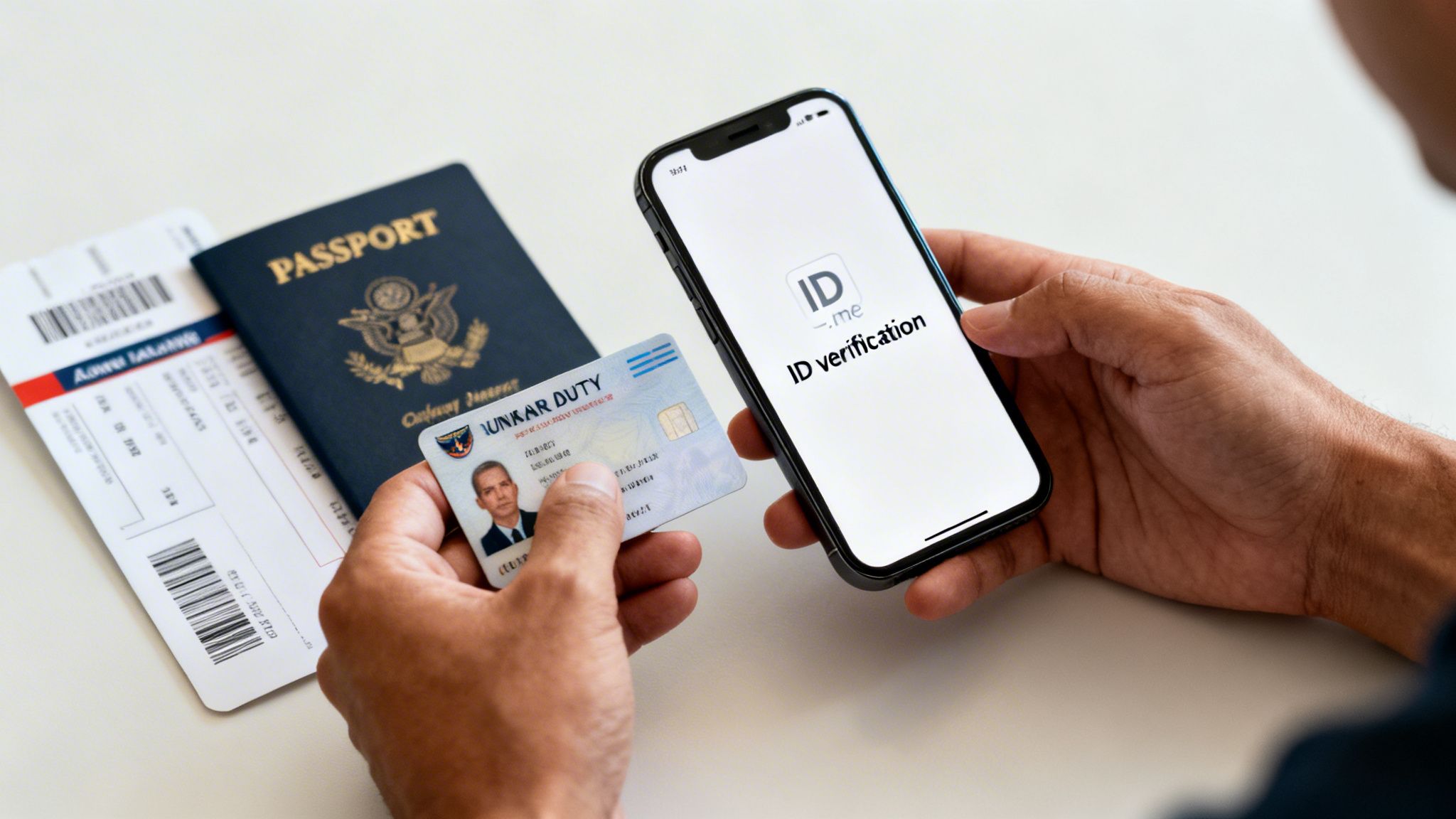 Hands verifying identity with a digital ID on a smartphone, holding an ID card, passport, and boarding pass.