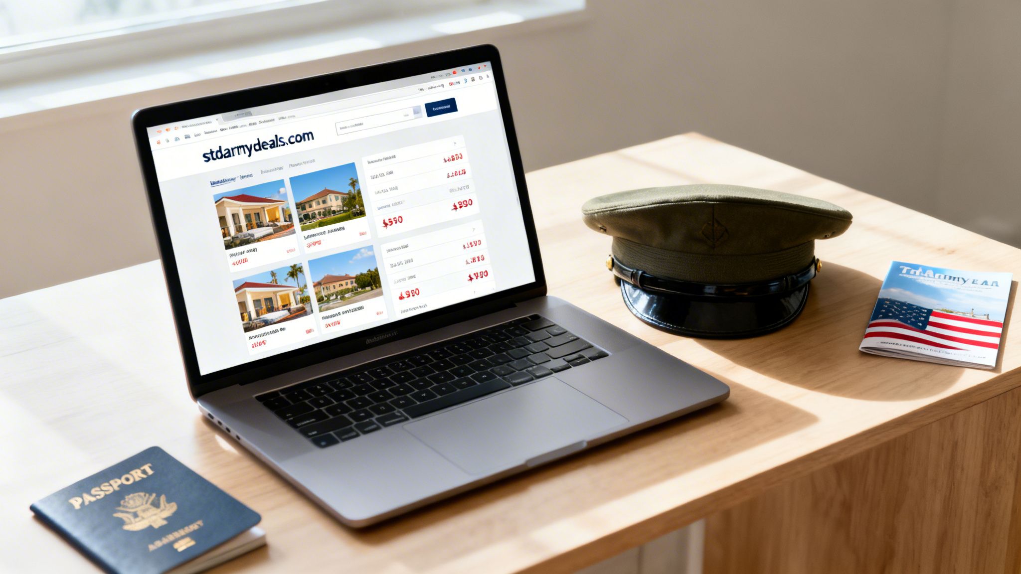 A laptop displays 'stdarmydeals.com' next to a military hat, passport, and American flag magazine, suggesting military travel deals.