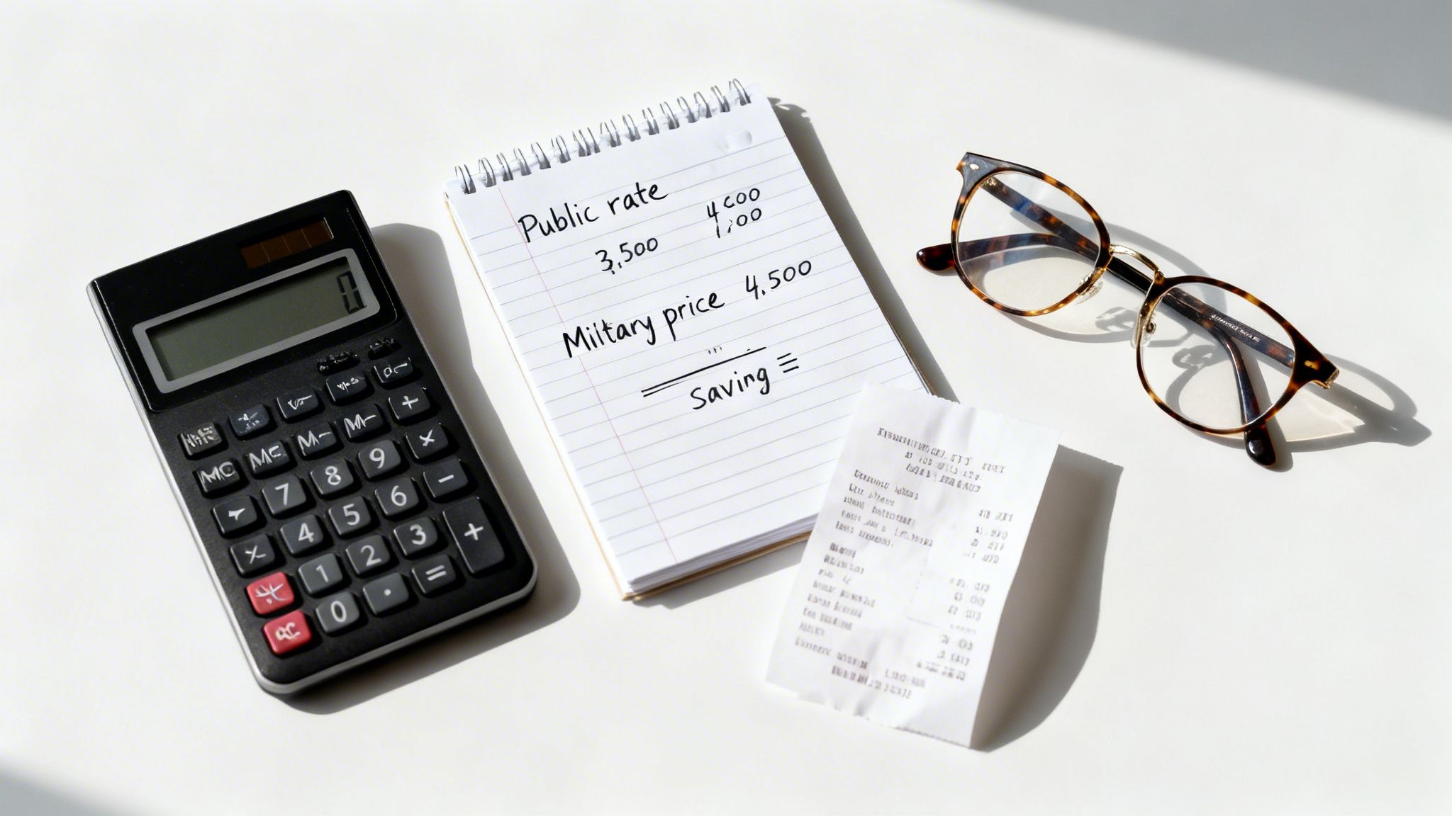 A desk scene with a calculator, a notebook detailing public and military prices, glasses, and a receipt.