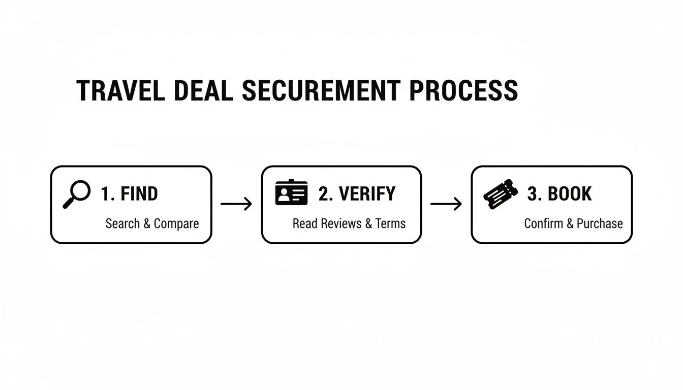 Infographic showing a 3-step travel deal securement process: Find, Verify, and Book.