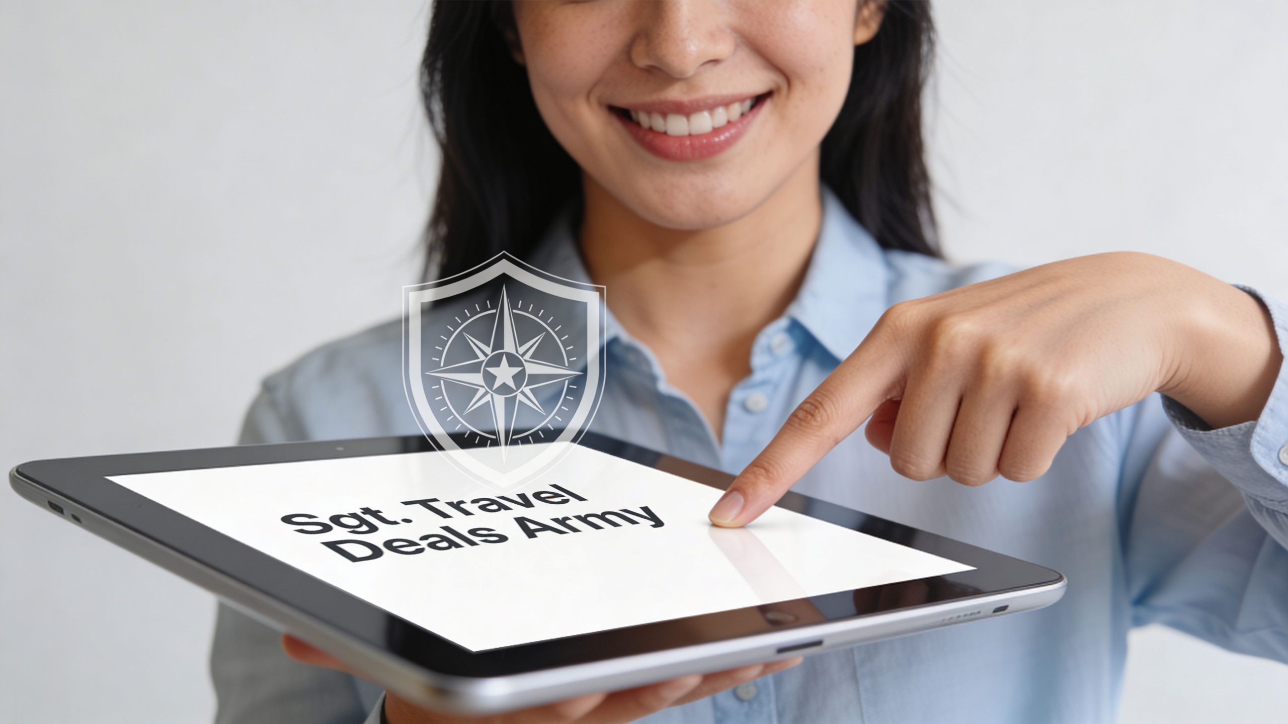 A smiling woman holding a digital tablet displaying the text Sgt. Travel Deals Army with a compass icon.