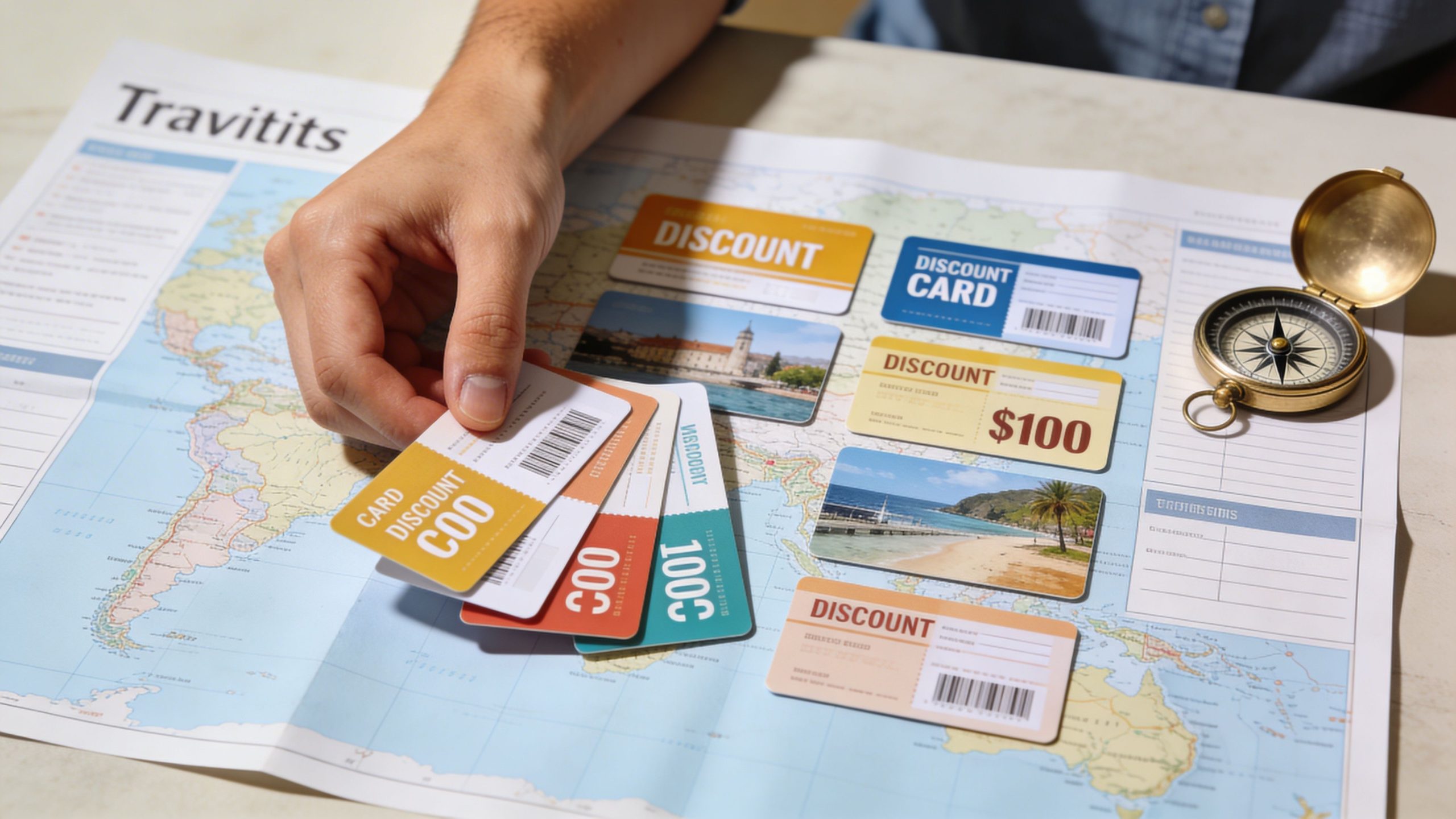 A person holding discount cards over a travel map with a compass on a table.