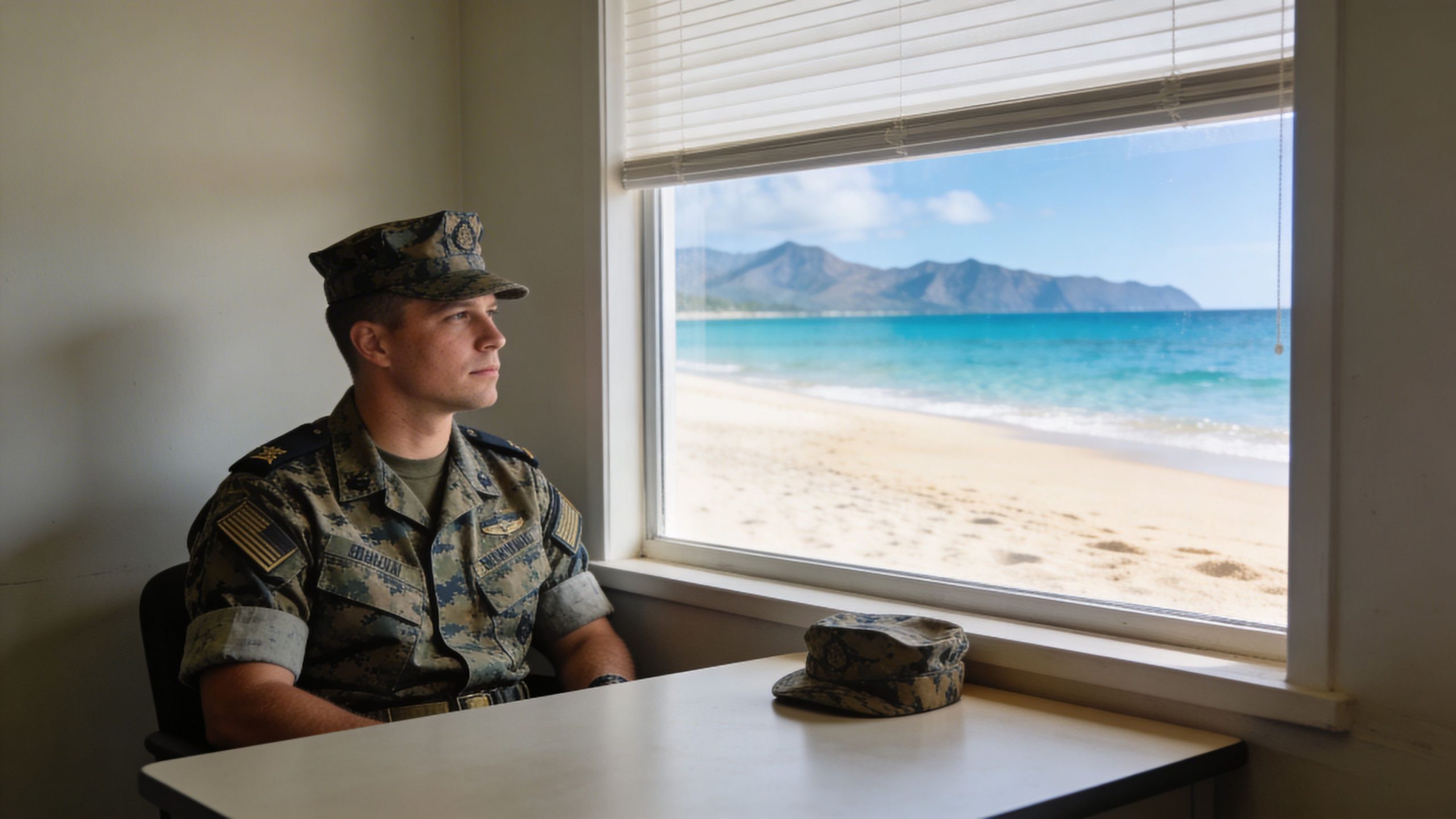 A uniformed soldier sitting at a desk by a window overlooking a beautiful tropical beach and mountains.