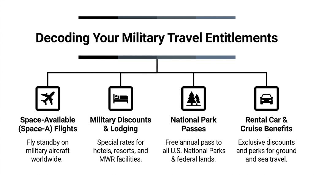 An infographic titled Decoding Your Military Travel Entitlements showcasing space-A flights, lodging discounts, national park passes, and rental benefits.