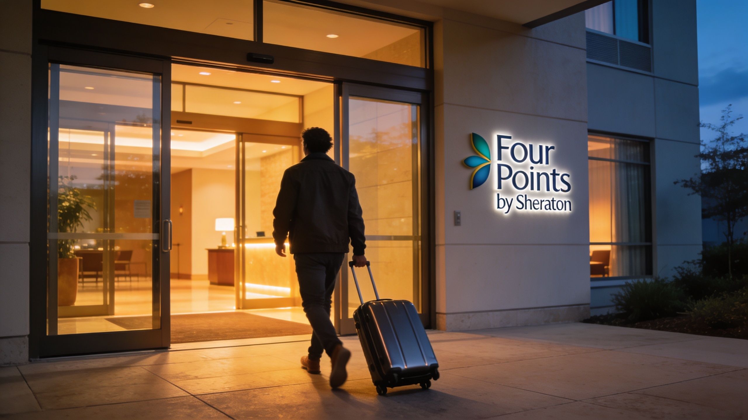 A traveler walking into the entrance of a Four Points by Sheraton hotel with a rolling suitcase.