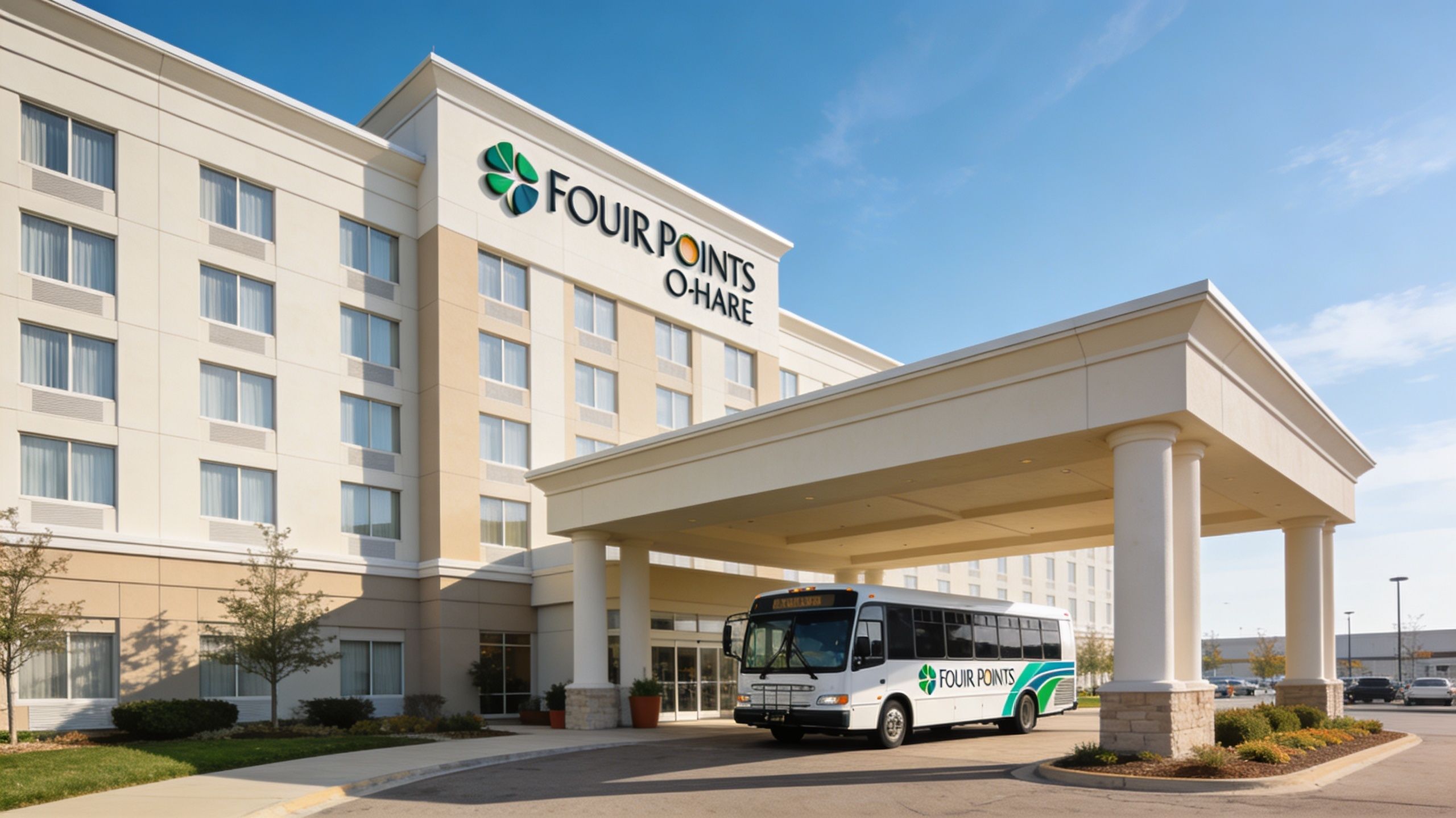 A modern Four Points by Sheraton hotel building with a shuttle bus parked under the entrance canopy.