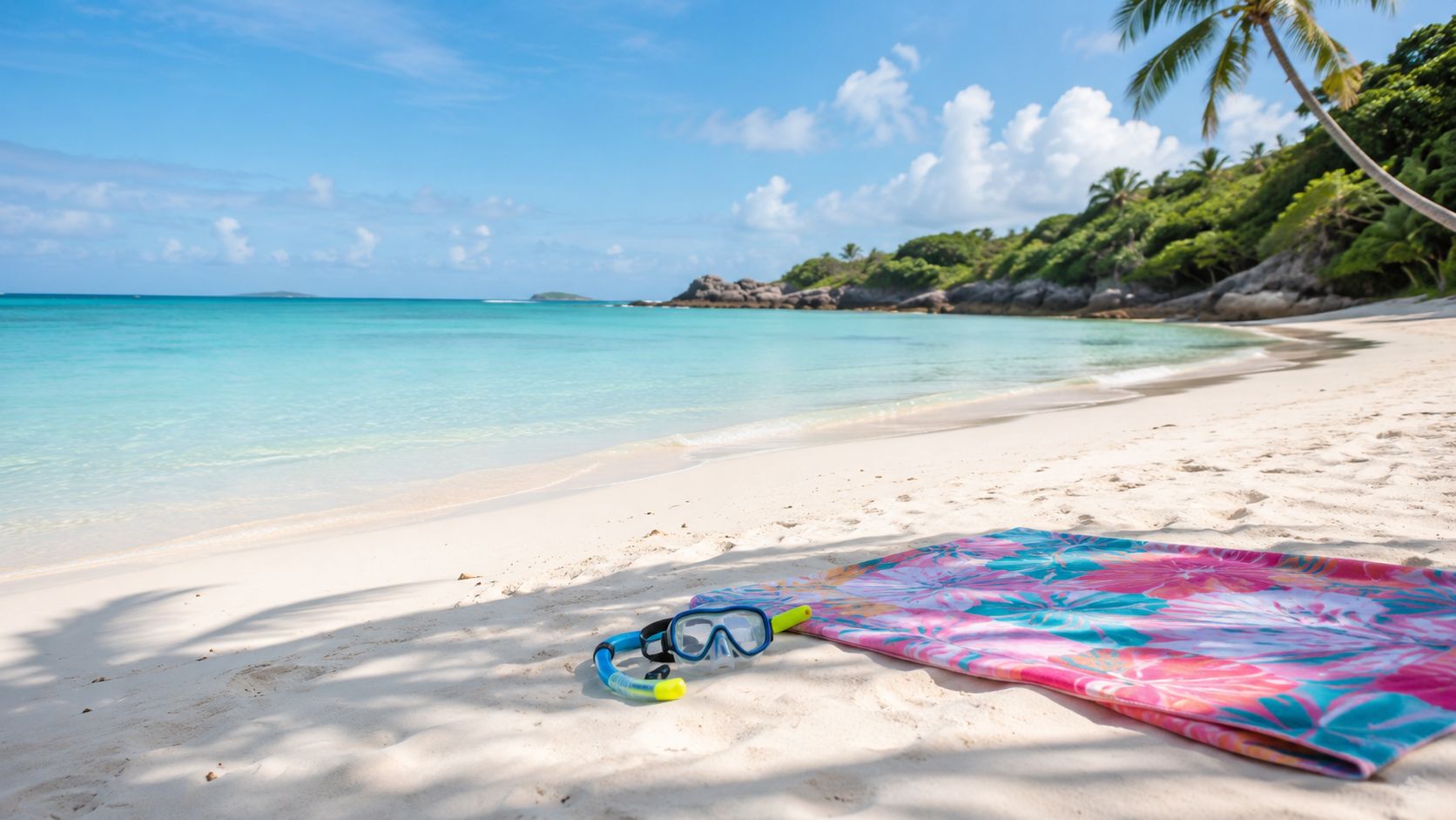 A snorkel mask and tube lie on a colorful towel on a beautiful sunny tropical beach.
