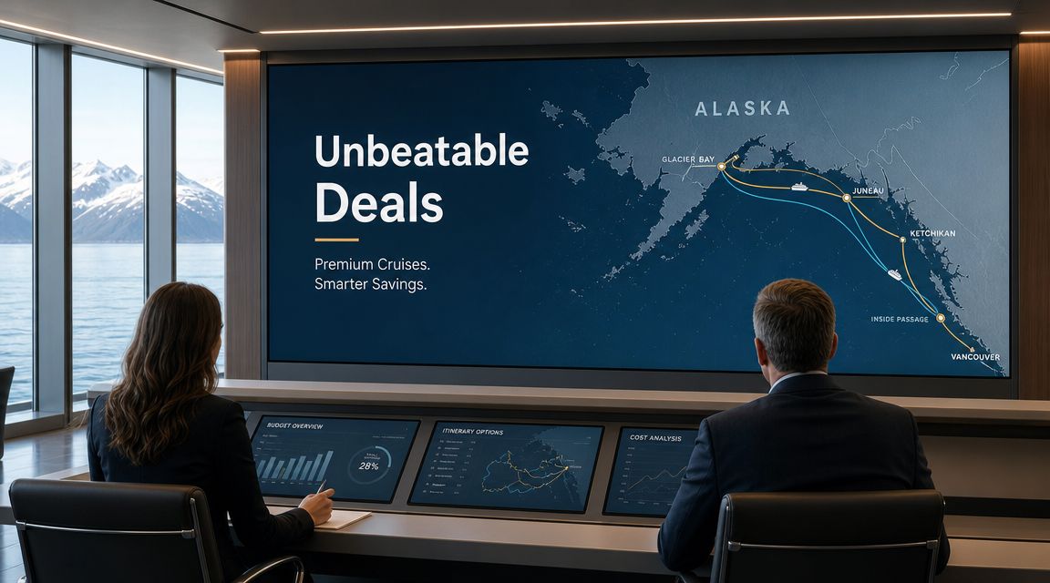 Two people reviewing Alaska cruise itinerary options and budget analytics on a large interactive digital screen.