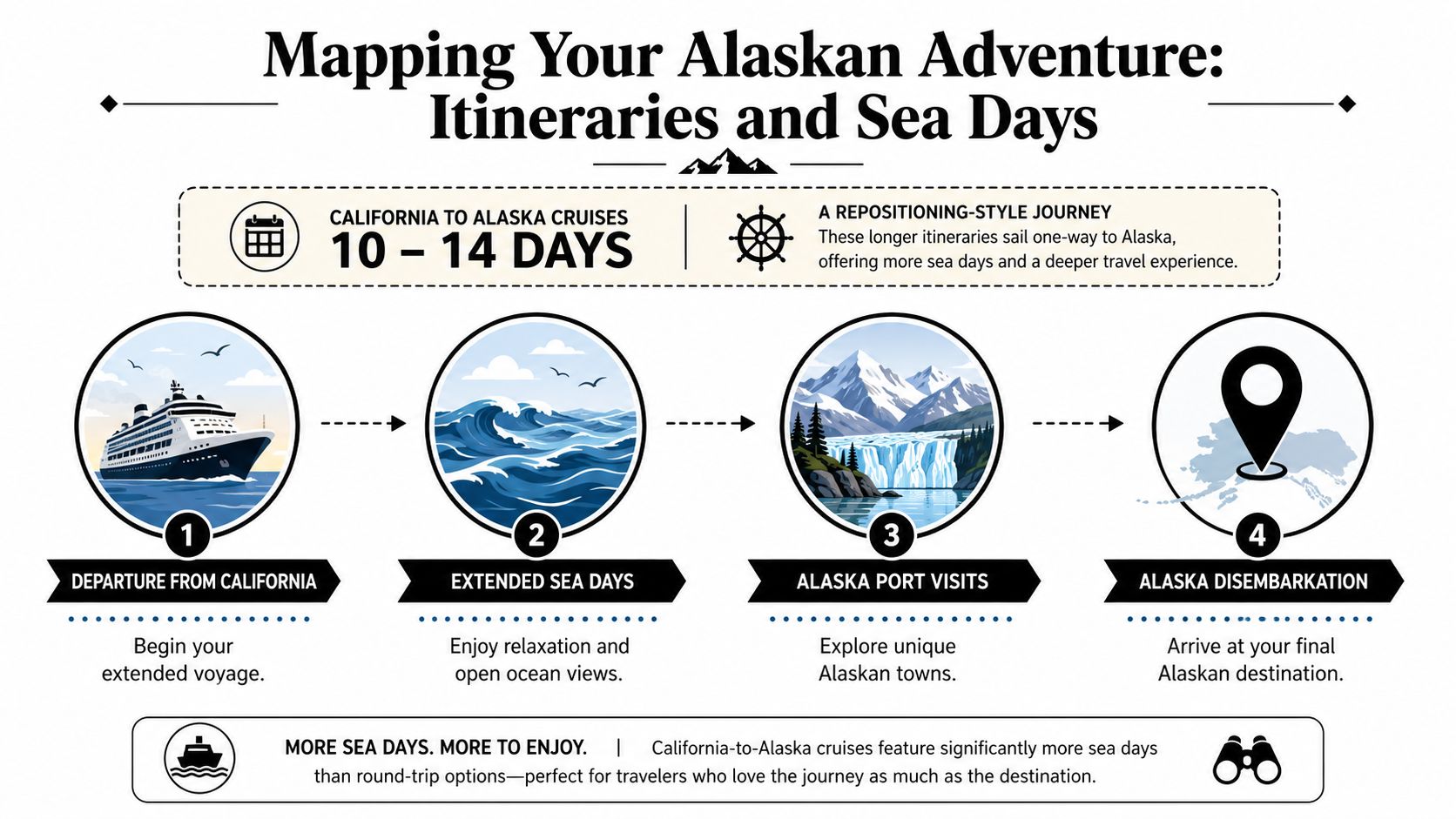 An infographic detailing a 10 to 14-day repositioning cruise itinerary from California to Alaska with four steps.