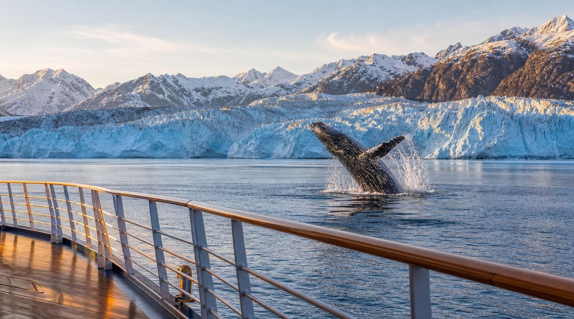 A humpback whale breaches the water in front of a massive glacier near a cruise ship deck.