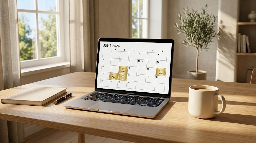 A laptop on a wooden desk displaying a June 2024 calendar with highlighted dates for trip planning.