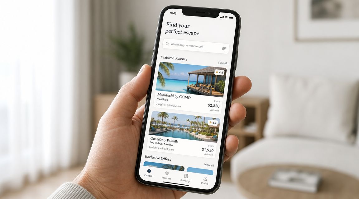 A hand holding a smartphone displaying an all inclusive travel booking app with resort options.