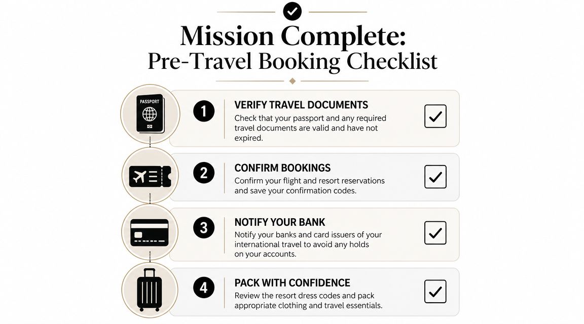 A travel checklist graphic with four essential steps for preparing for an all-inclusive resort vacation.
