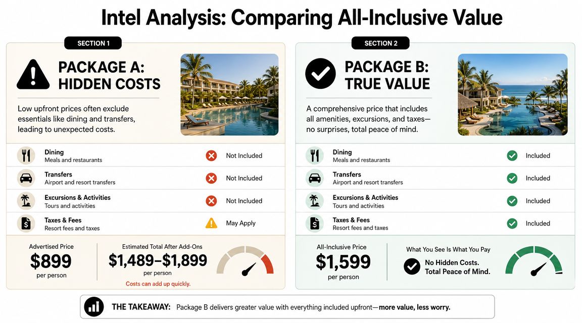 A comparison chart showing how all-inclusive resort packages offer better value than options with hidden costs.