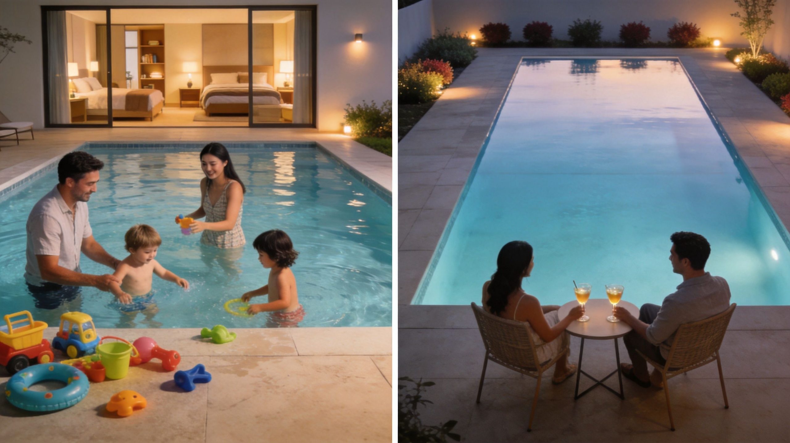 A family enjoying a swimming pool during the day and a couple relaxing poolside at night.