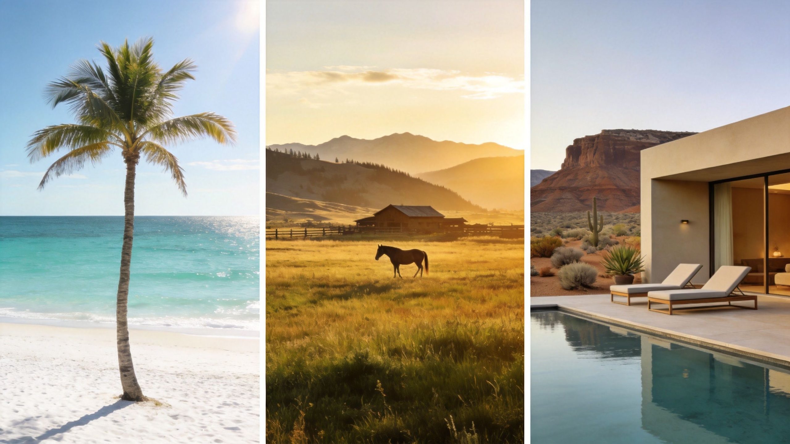 A triptych showing a tropical beach, a rustic horse in a mountain field, and a luxury desert resort.