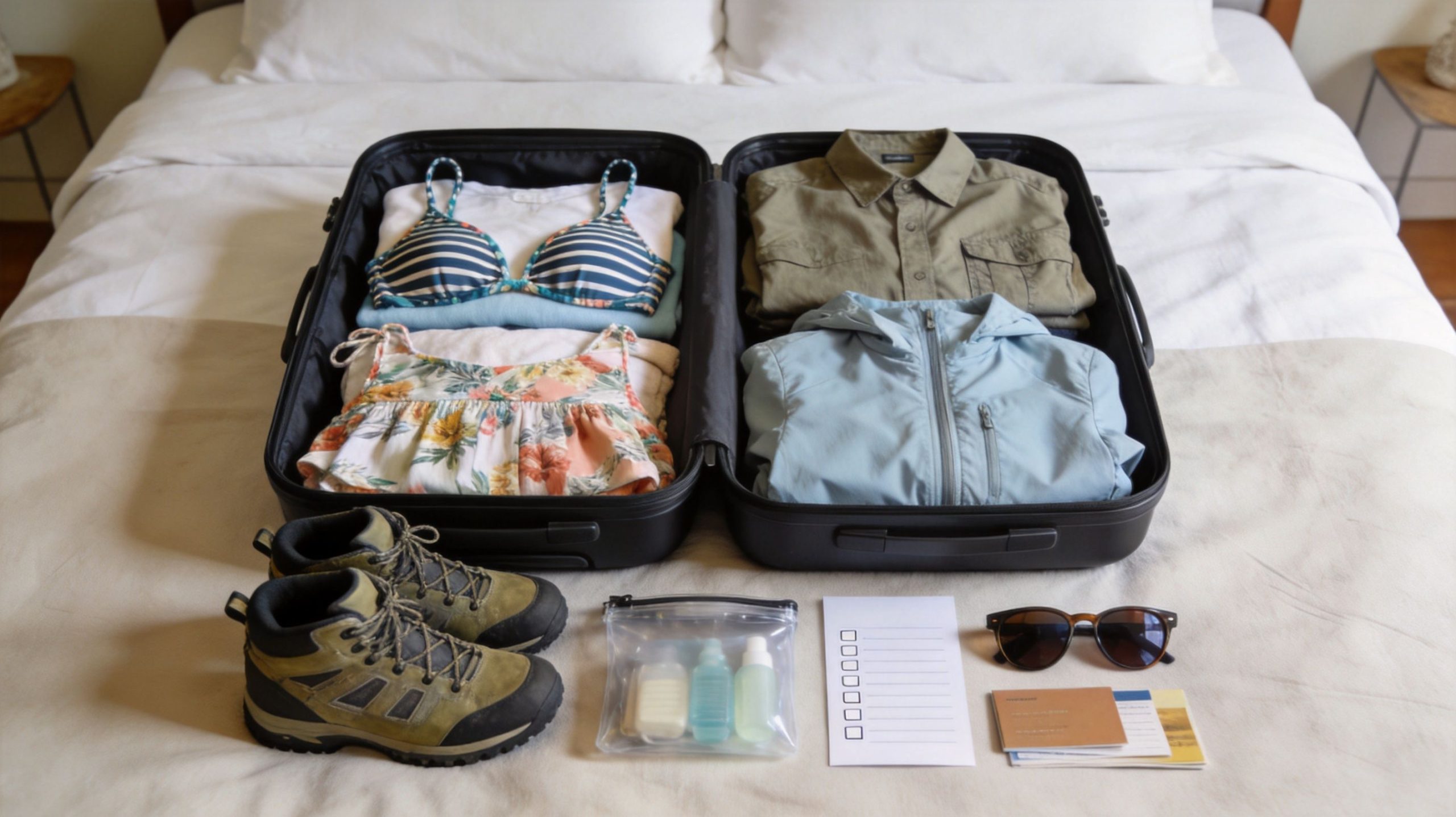 An open suitcase packed with clothing on a bed, alongside hiking boots, toiletries, and travel documents.