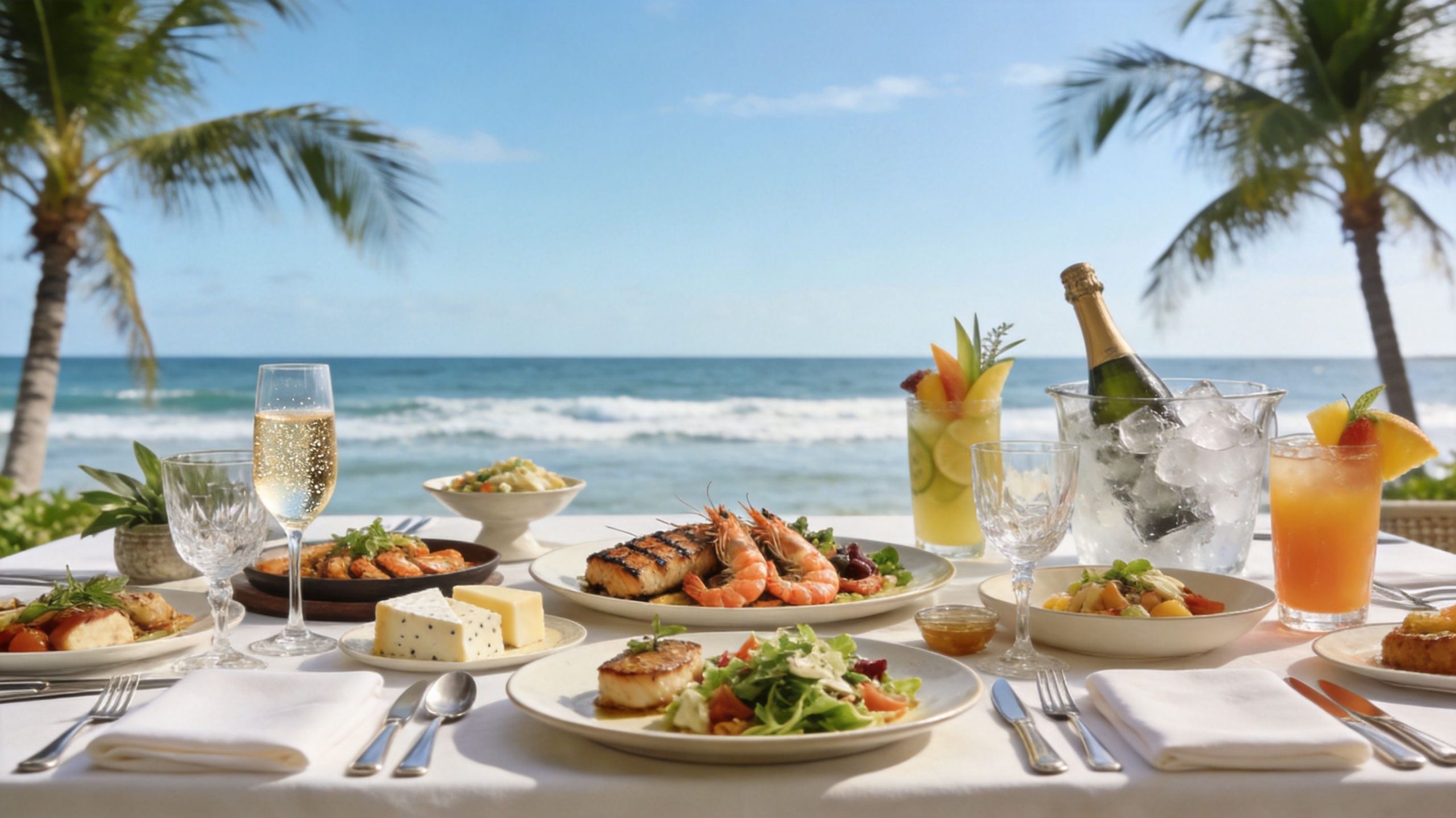 A luxurious beachside table setting with gourmet seafood, champagne, and cocktails overlooking the ocean.
