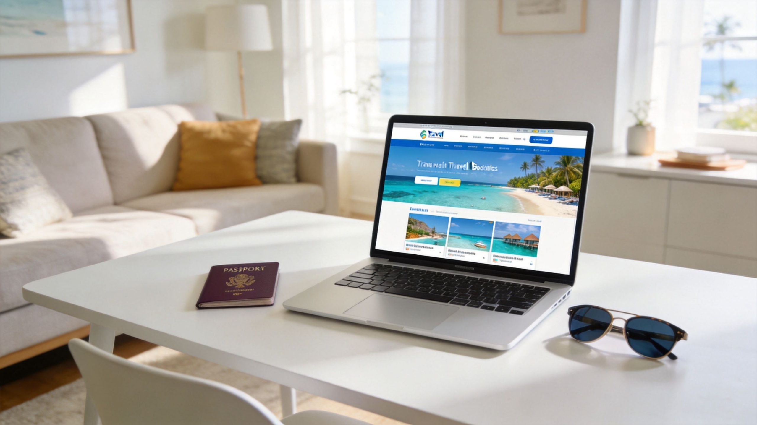A laptop showing an all inclusive St. Maarten travel website on a white desk with a passport and sunglasses.
