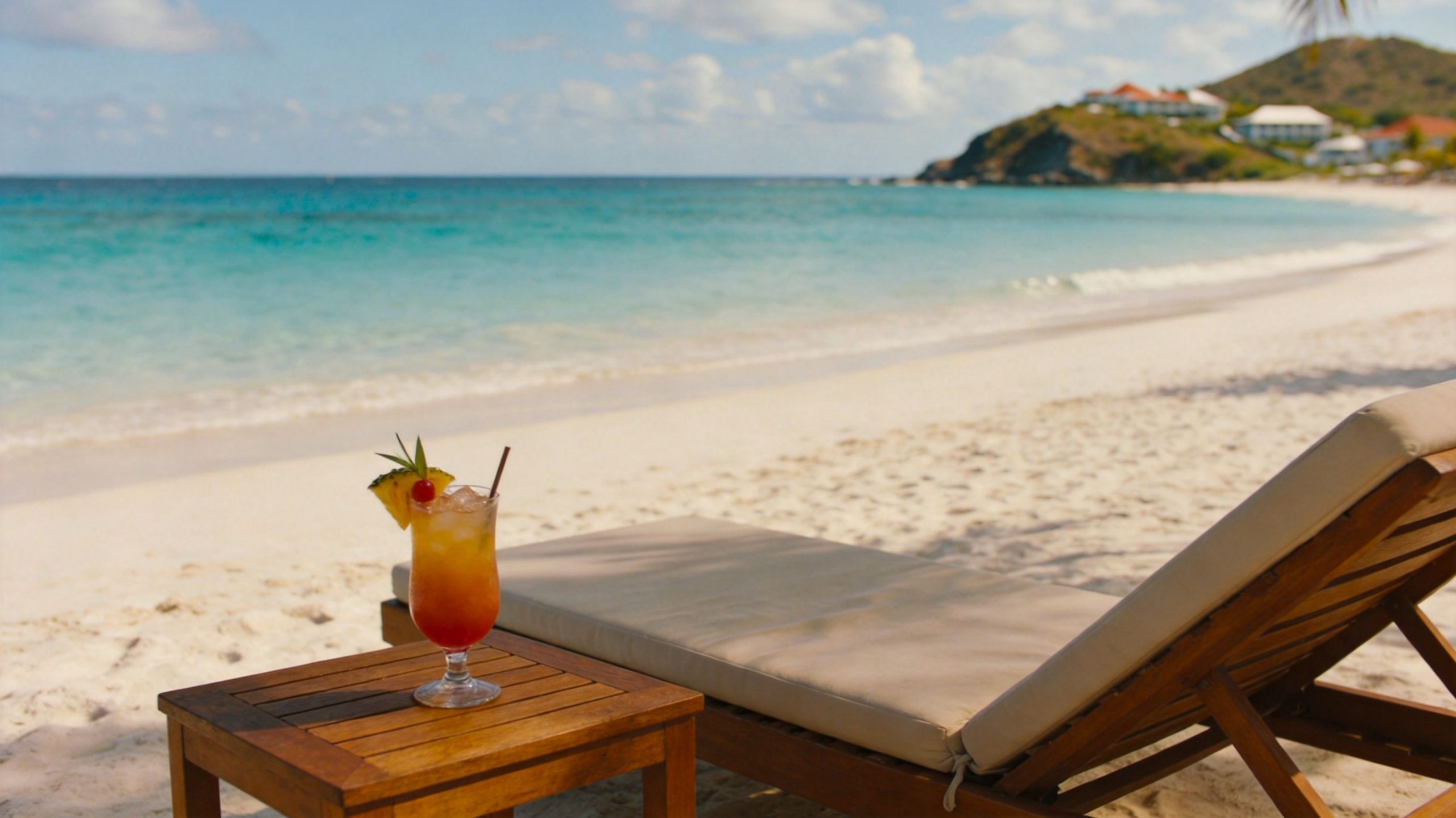 A tropical cocktail with pineapple and a cherry sits on a wooden table beside a beach lounge chair.