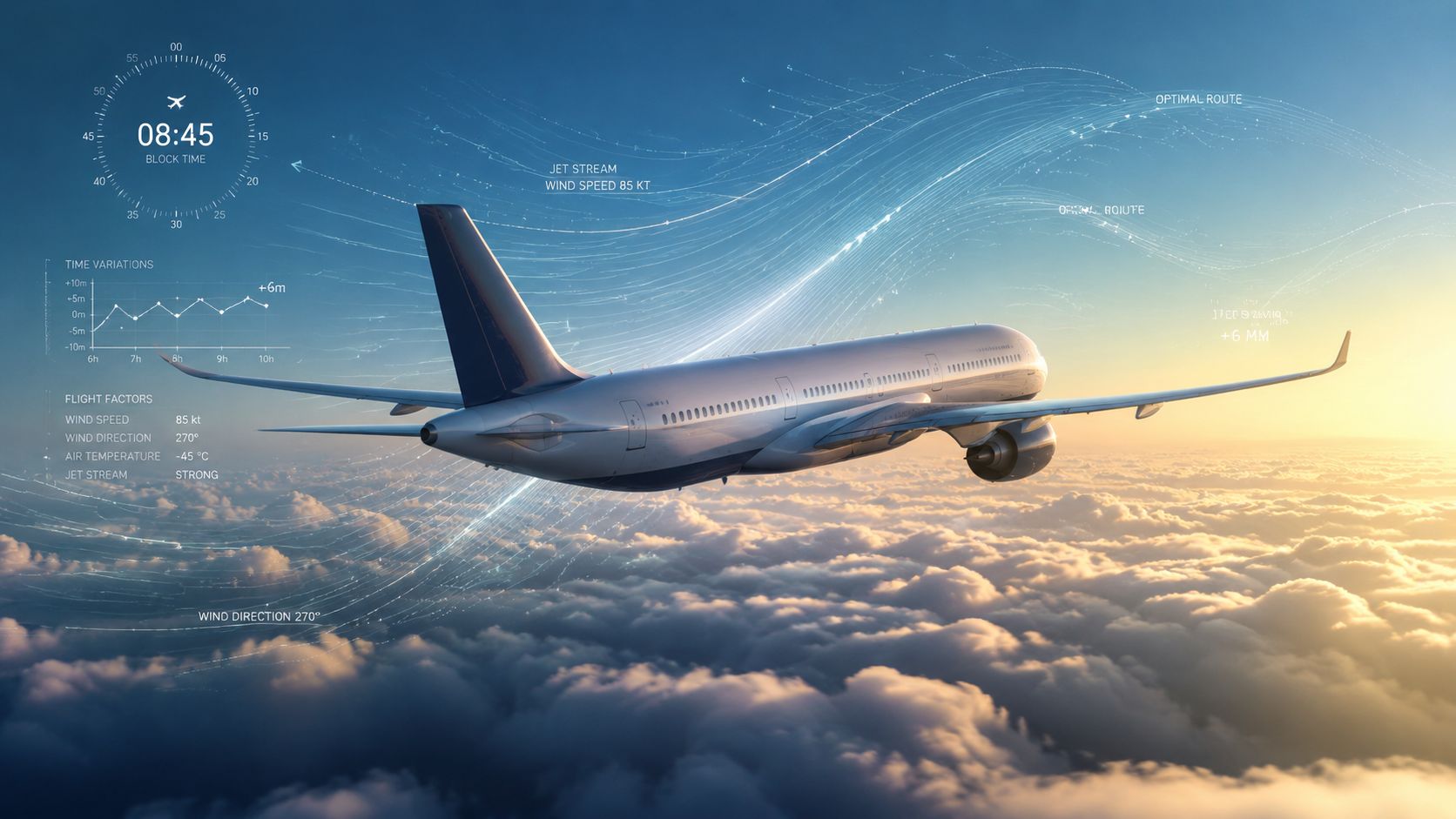 A digital visualization of a passenger airplane flying over clouds with flight path and meteorological data overlays.
