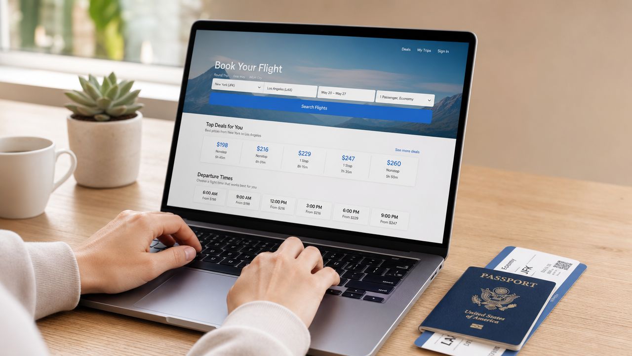 A person using a laptop to book a flight with a passport and boarding pass nearby.