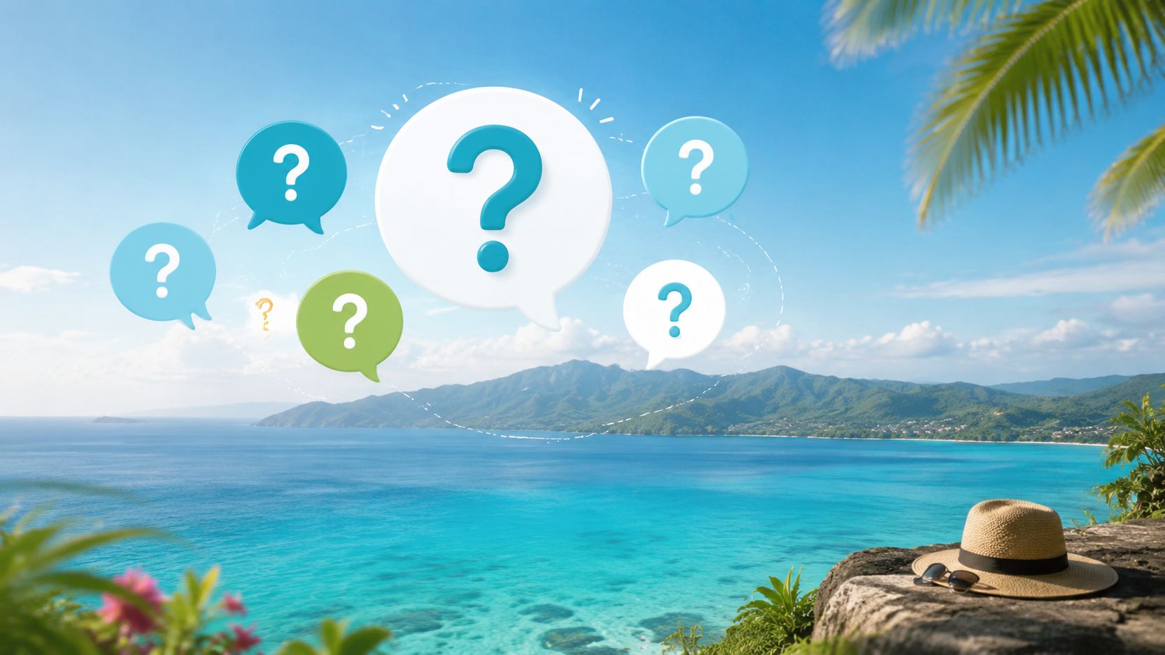 A tropical ocean view with floating question mark speech bubbles and a straw hat on a rock.