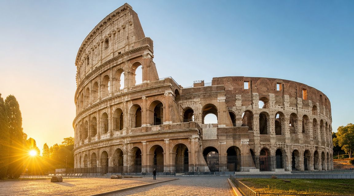 A scenic view of the ancient Colosseum in Rome, Italy, during a warm and bright sunset.