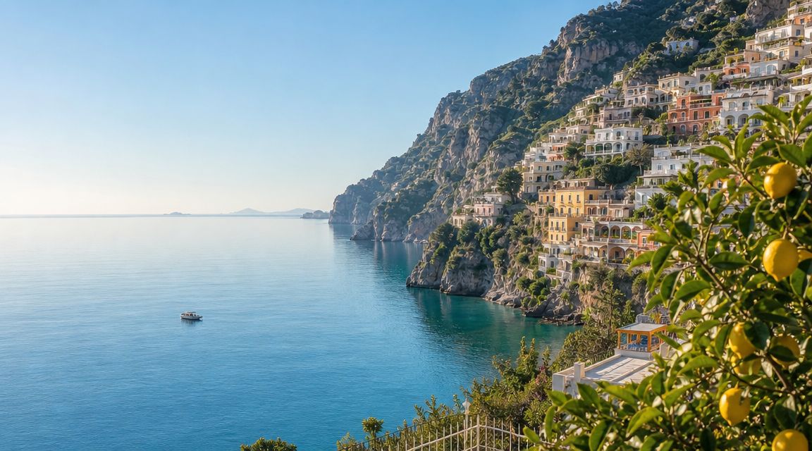 A picturesque coastal view of Positano, Italy, featuring colorful houses on a cliffside and lemon trees.