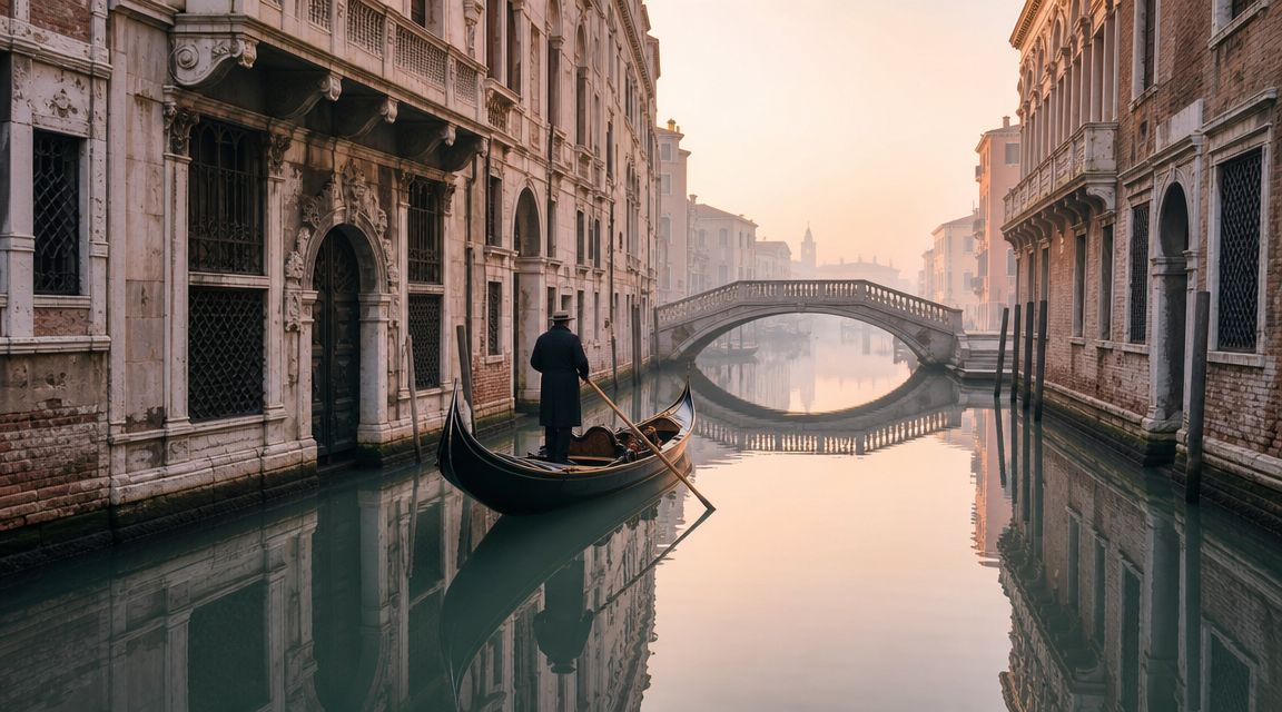 A lone gondolier navigates a quiet Venetian canal under a bridge during the golden hour in Italy.
