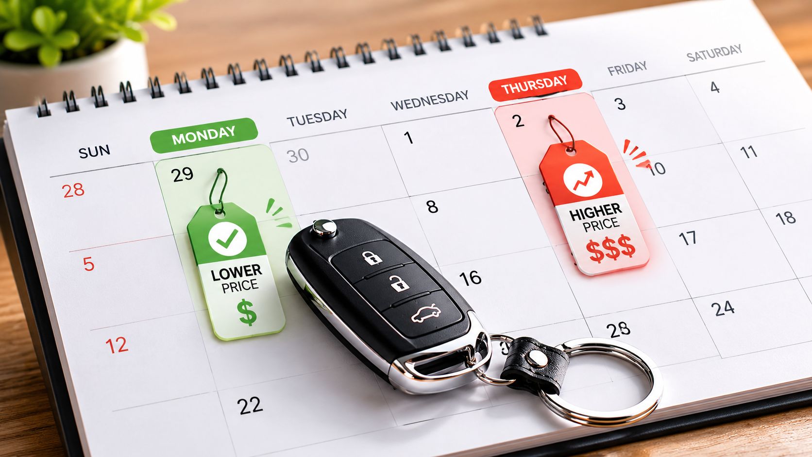 A car key lying on a calendar showing price fluctuation dates for vehicle rental planning.