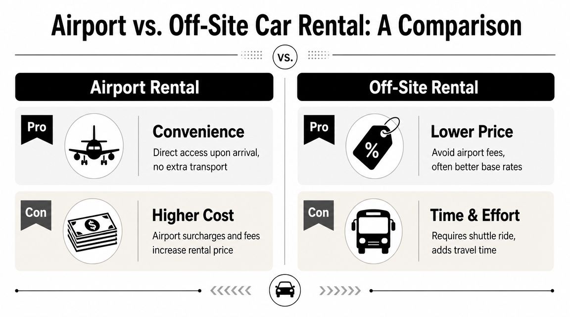 A comparison infographic showing the pros and cons of renting a car at an airport versus off-site.