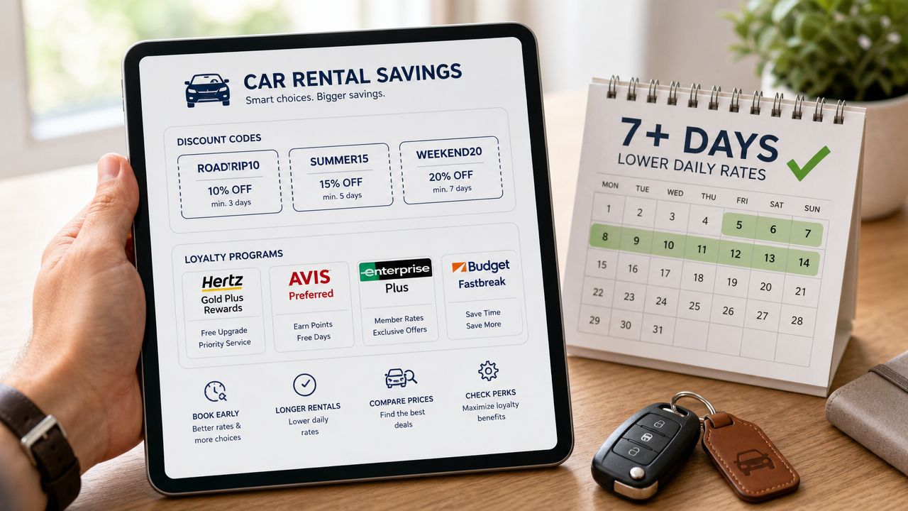 A tablet screen displaying car rental savings, discount codes, and loyalty programs next to a calendar and keys.