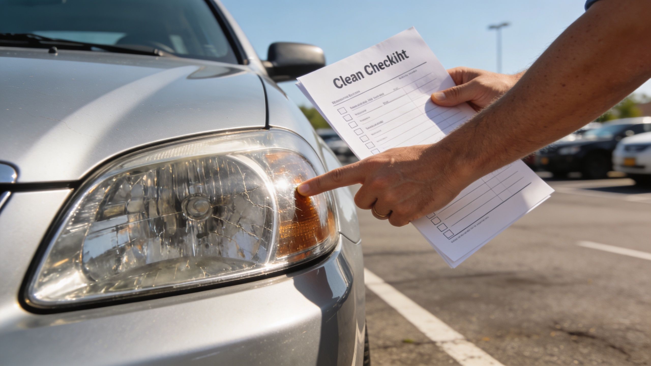 A person holding a inspection checklist while pointing at a cracked headlight on a silver car.