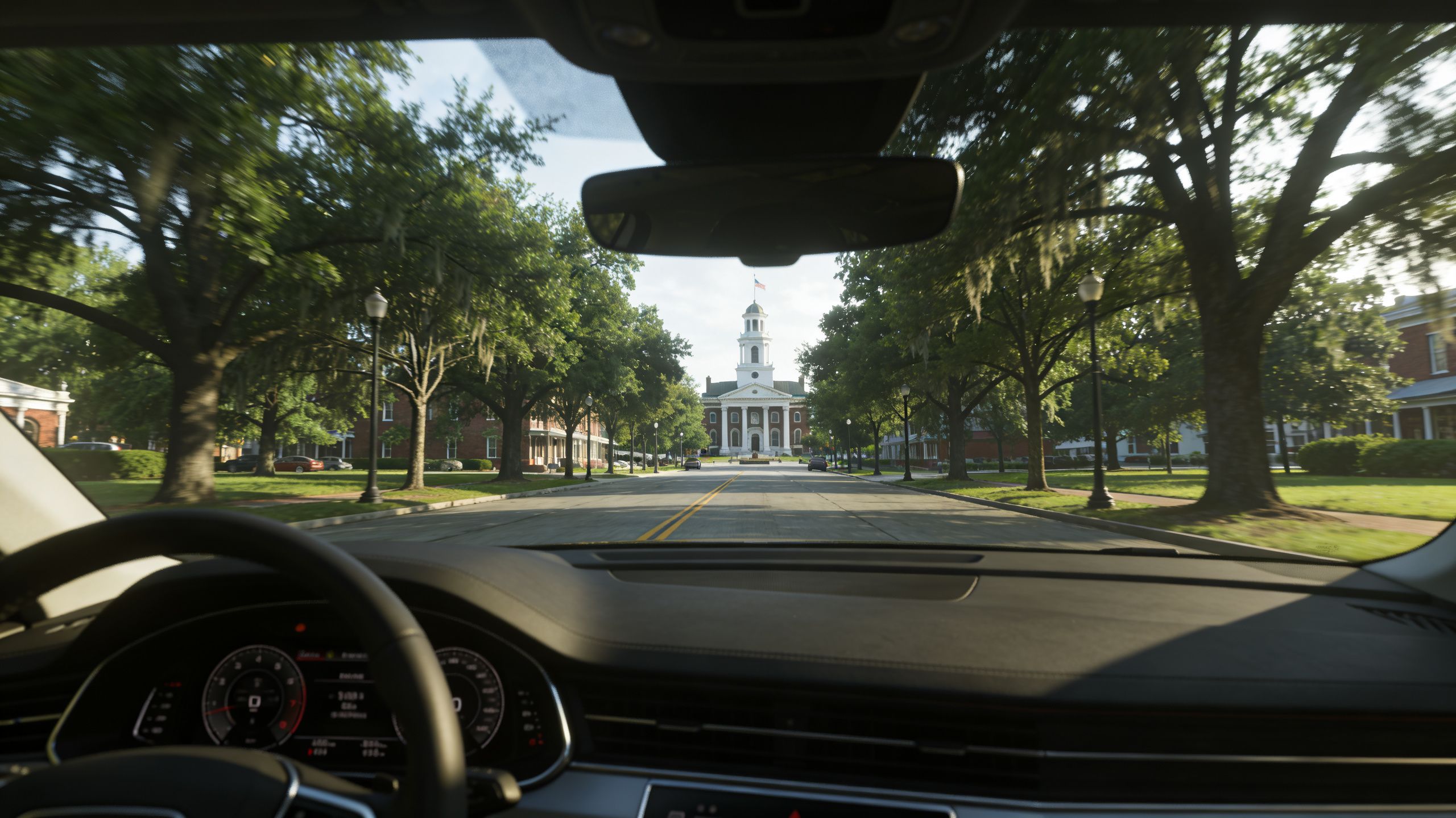 A view from inside a car driving towards the historic Newton County Courthouse in Covington, Georgia.