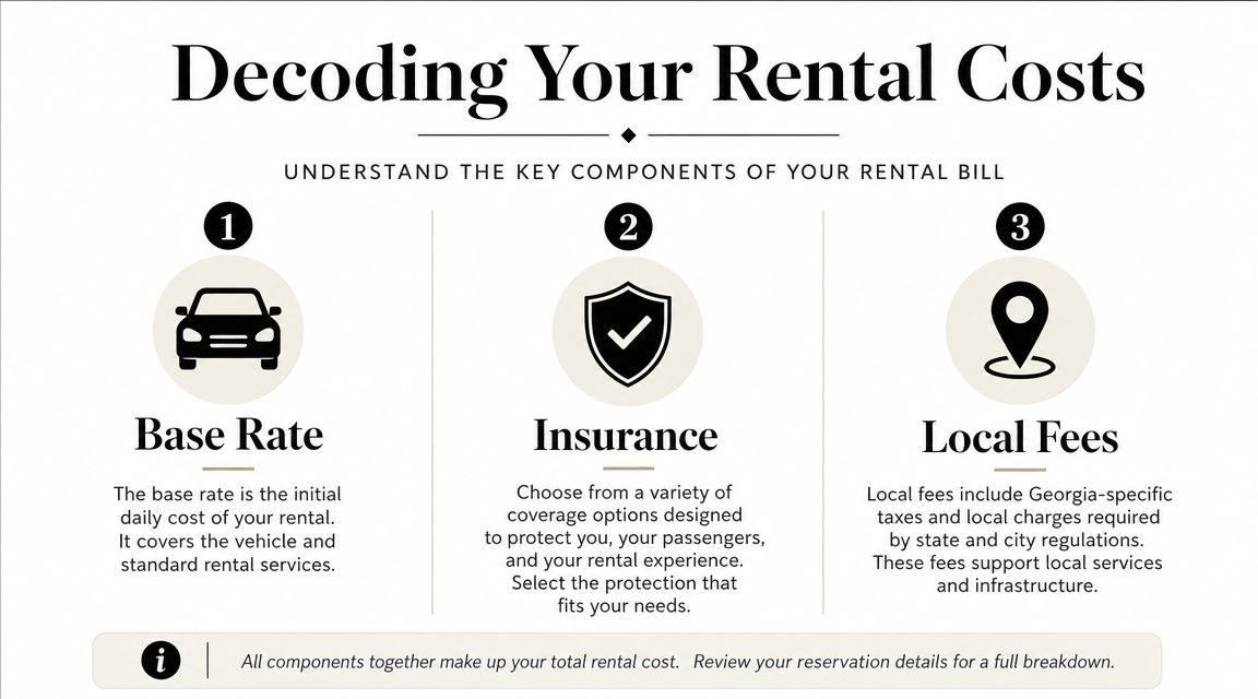 An infographic titled Decoding Your Rental Costs explaining the components of a rental car bill.