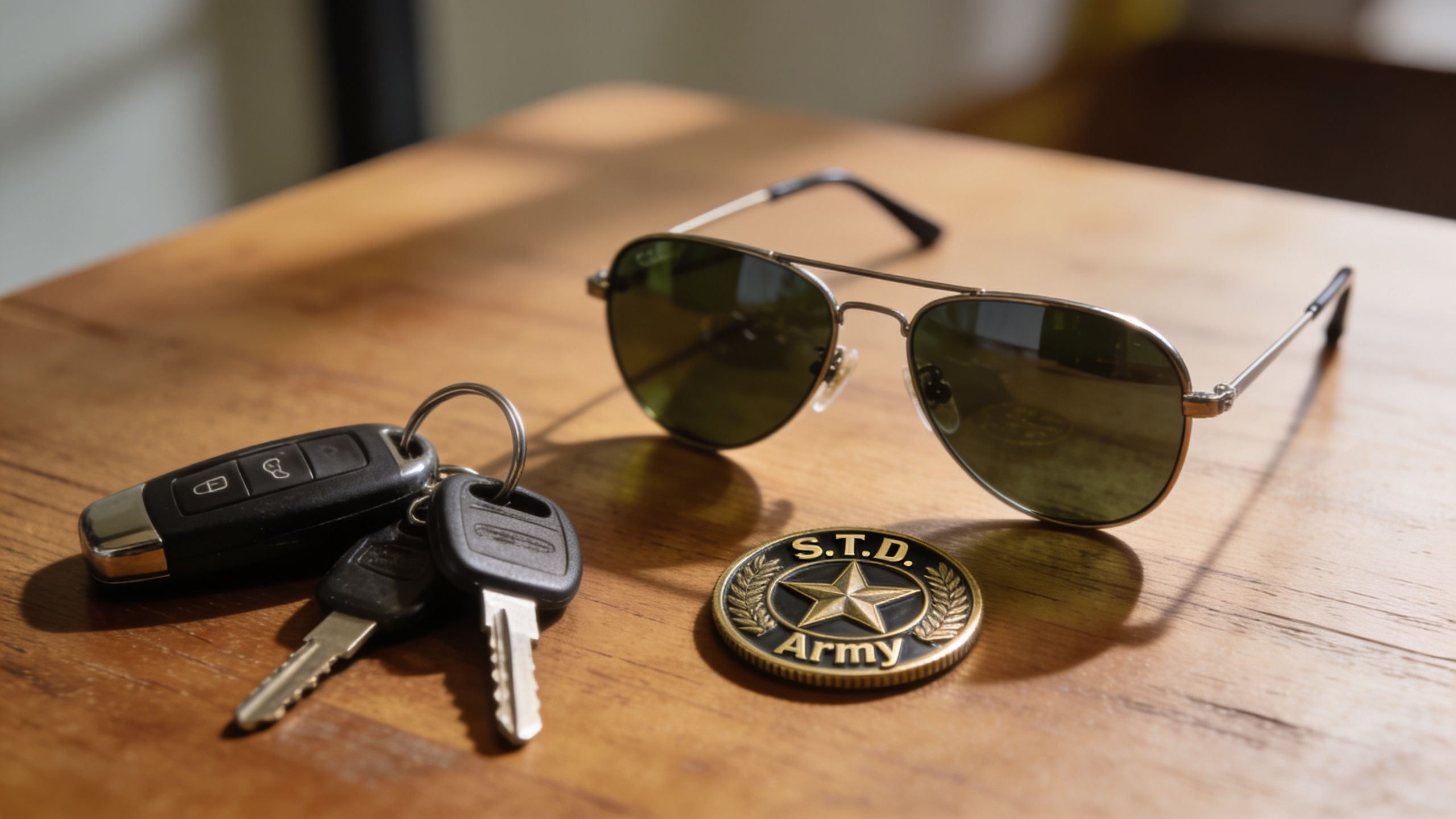 A pair of aviator sunglasses, car keys, and a circular challenge coin on a wooden table.