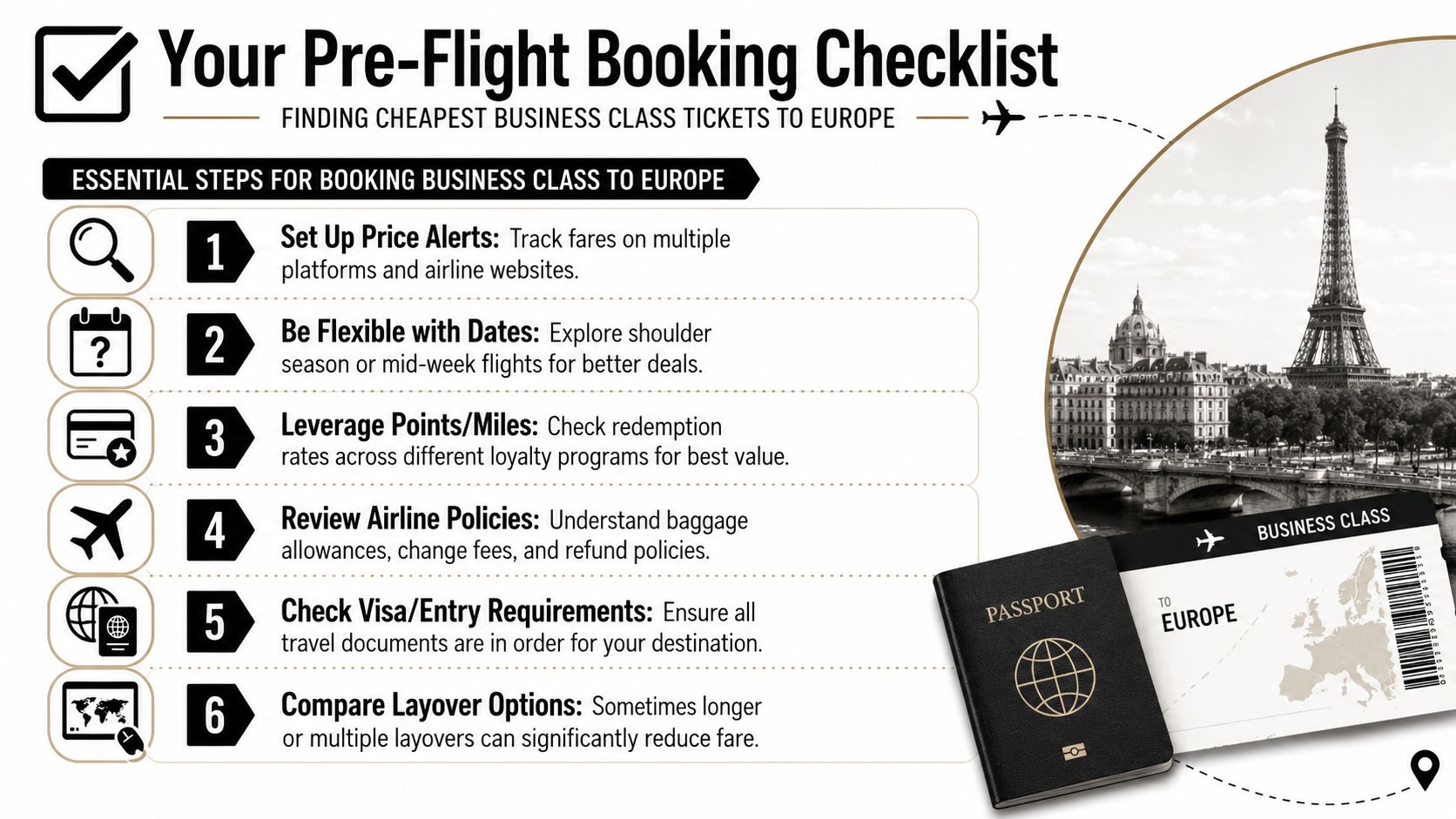 A pre-flight checklist for booking cheap business class tickets to Europe, featuring six essential travel planning steps.