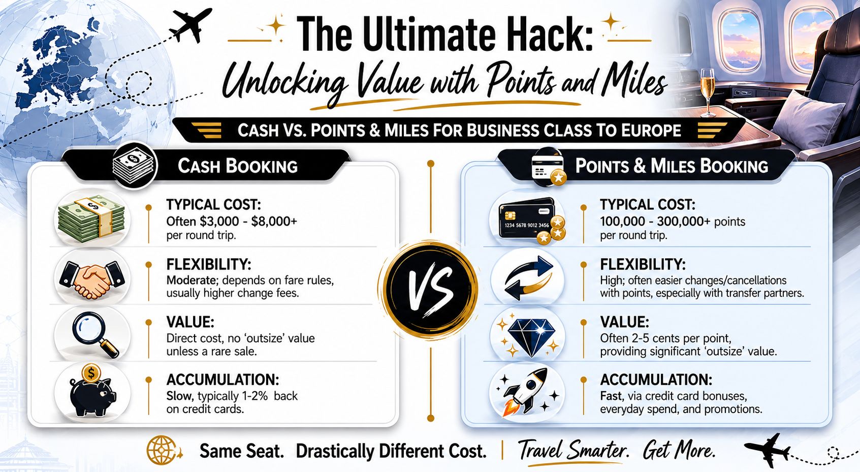 A comparison infographic showing the benefits of using points and miles versus cash for business class flights.